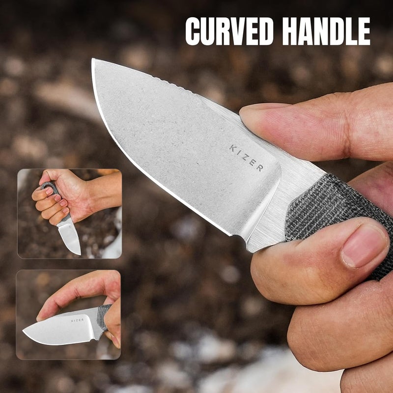 KIZER Beaver Fixed Blade Knife with Sheath, 2.75" Nitro-V Steel Blade EDC Camping Knife with Black Micarta and Orange G10 Handle, Small Bushcraft Survival Hunting Knives for Men Women, 1078A2 - Image 5